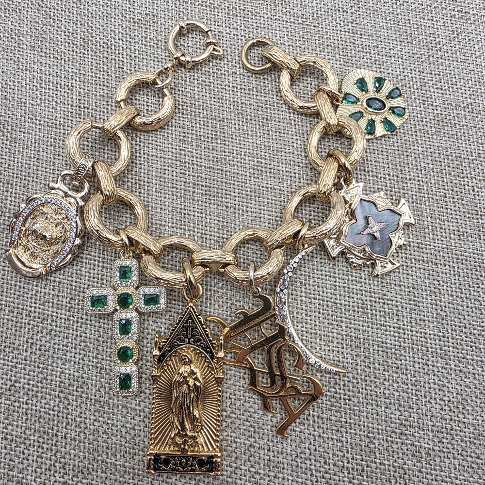 Rockstar In Rome Gold Charm Bracelet with Green Accents - Picture 1 of 3